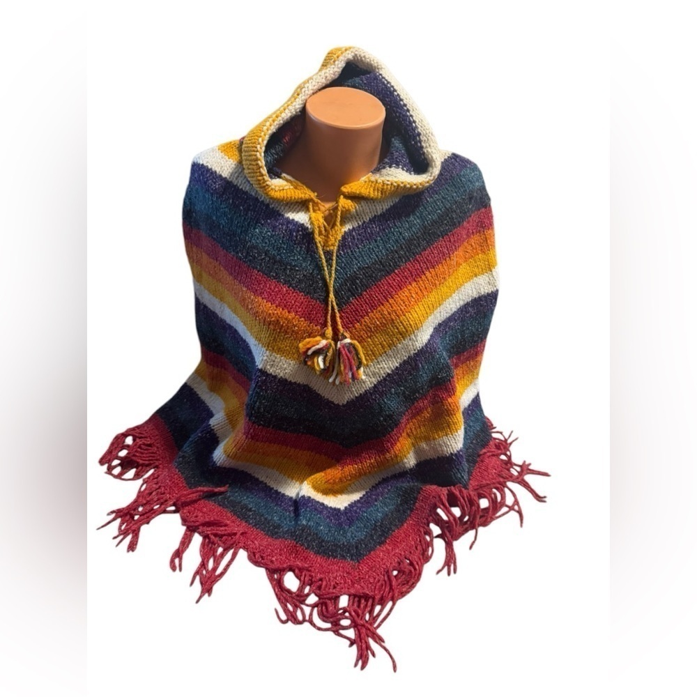 Natives by Otavalo-Ecuardor Hooded Poncho Multicolor Wool Blend OS Boho Fringe
